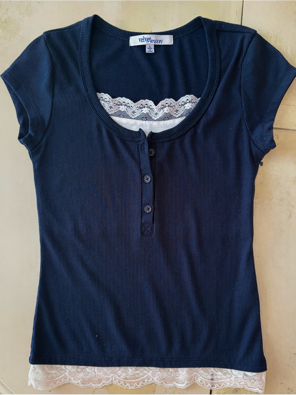 Velvet Navy Ribbed Short-Sleeve Henley with White Lace Trim